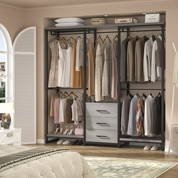 Homieasy Garment Rack Heavy Duty Clothes Rack for Hanging Clothes,Clothing Rack with Drawers, Wood Stoarge Shelf Freestanding Closet Wardrobe Rack, Corner L Shaped Closet System Organizers, Grey