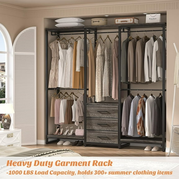 Homieasy Garment Rack Heavy Duty Clothes Rack for Hanging Clothes,Clothing Rack with Drawers, Wood Stoarge Shelf Freestanding Closet Wardrobe Rack, Corner L Shaped Closet System Organizers, Black Oak