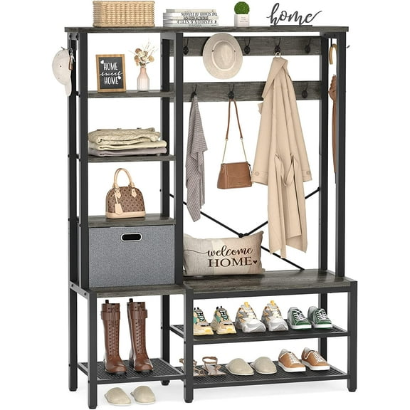 Homieasy Hall Tree with Bench, 71’’ Coat Rack with Shoe Storage, 5 in 1 Large Entryway Bench with 5-Tier Shelves, Fabric Storage Basket, Side hooks, Black Oak