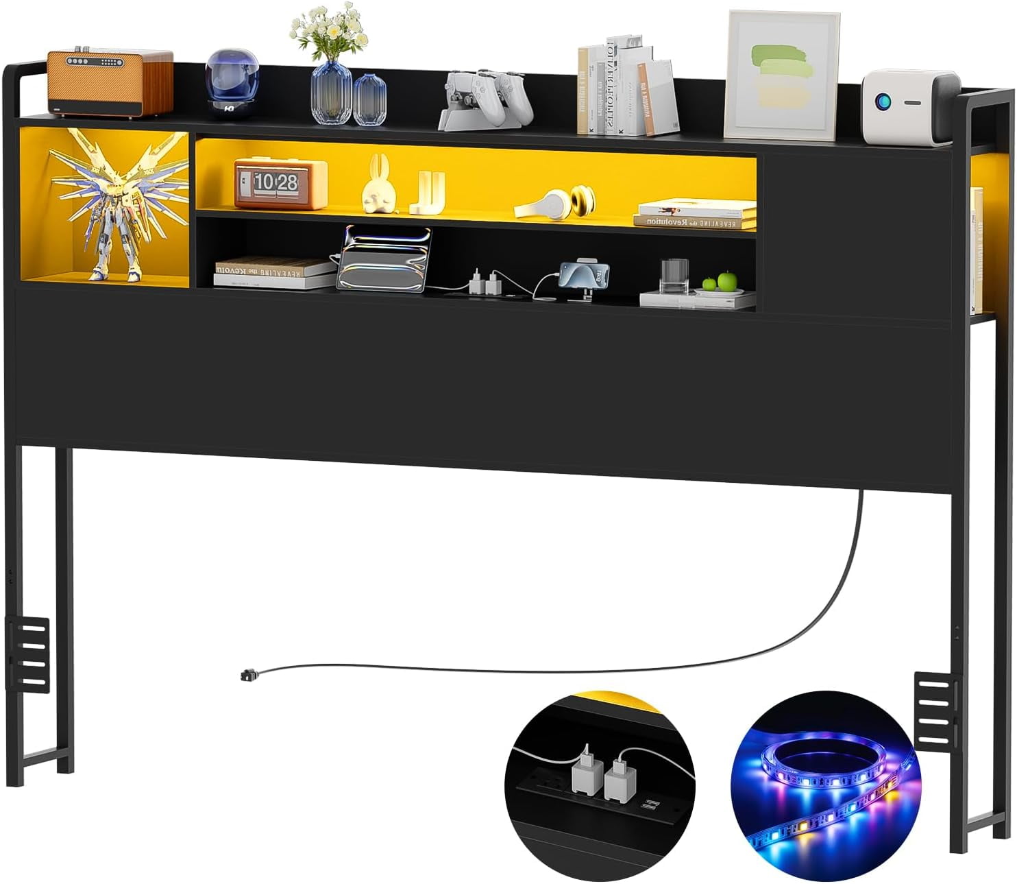 Homieasy Headboard for Full Size Bed, Bookcase Style Head Board with Power Outlet and RGB LED Light, Reversible Headboard with Storage, Height Adjustable, Sturdy and Stable, Black