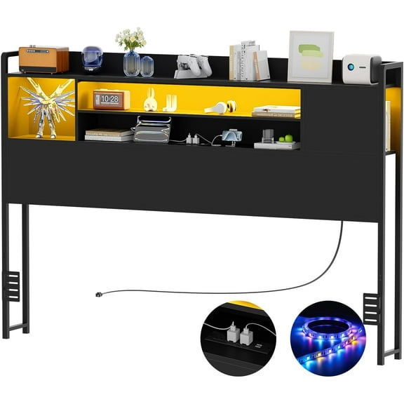 Homieasy Headboard for Full Size Bed, Bookcase Style Head Board with Power Outlet and RGB LED Light, Reversible Headboard with Storage, Height Adjustable, Sturdy and Stable, Black