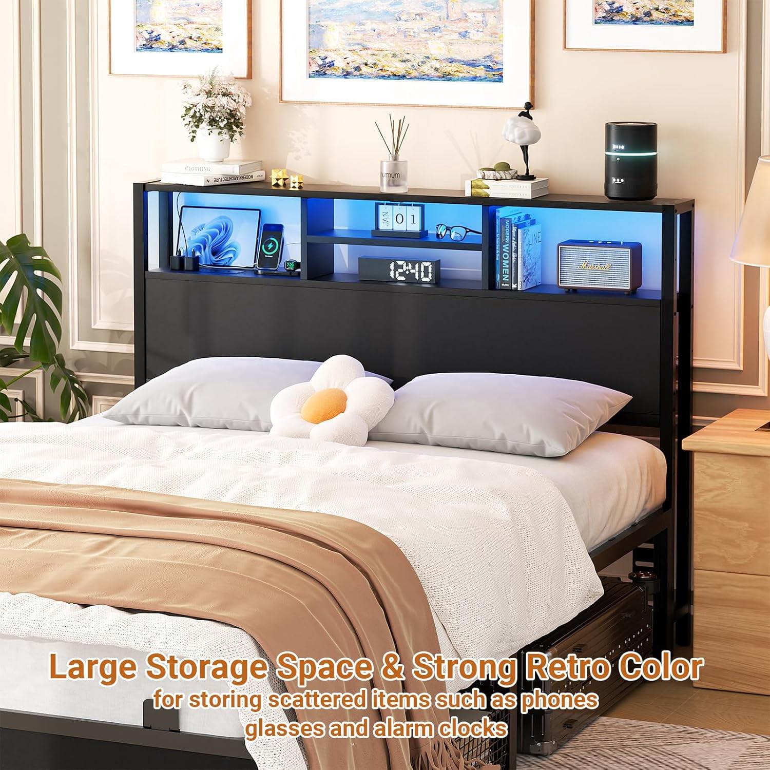 Homieasy Headboard for Full Size Bed with Storage, Headboards with Outlets, USB Ports and LED Light, King Size Head Board Only, Height Adjustable, Reversible, Sturdy and Stable Headboard, Black