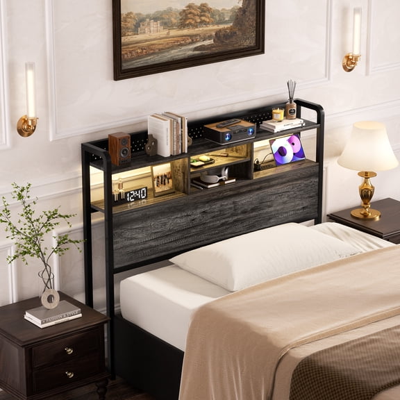 Homieasy Headboard for Full Size Bed with Storage Shelf, Head board with 3 Outlets and 2 USB Ports, Headboards with RGB LED Light, Height Adjustable, Sturdy and Stable, Easy Assembly, Black Oak