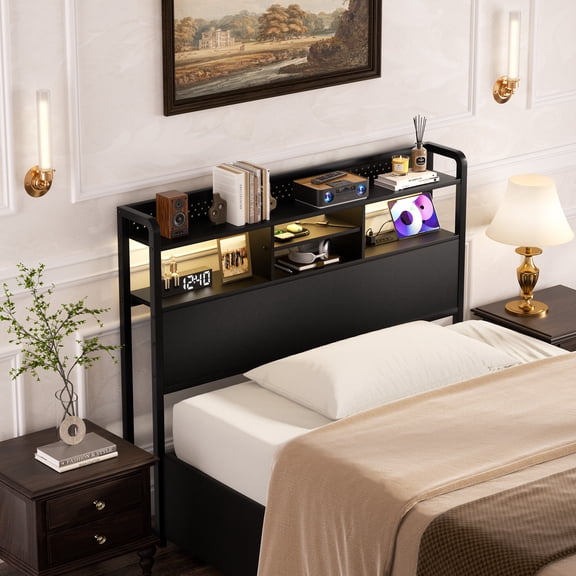 Homieasy Headboard for Full Size Bed with Storage Shelf, Head board with 3 Outlets and 2 USB Ports, Headboards with RGB LED Light, Height Adjustable, Sturdy and Stable, Easy Assembly, Black