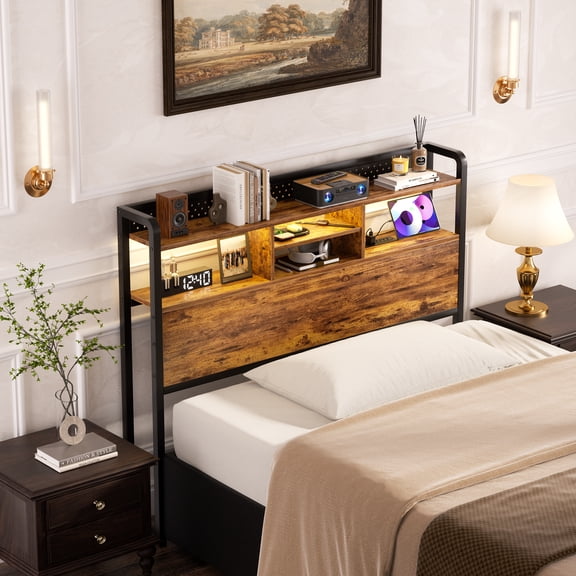 Homieasy Headboard for Full Size Bed with Storage Shelf, Head board with 3 Outlets and 2 USB Ports, Headboards with RGB LED Light, Height Adjustable, Sturdy and Stable, Easy Assembly, Rustic Brown