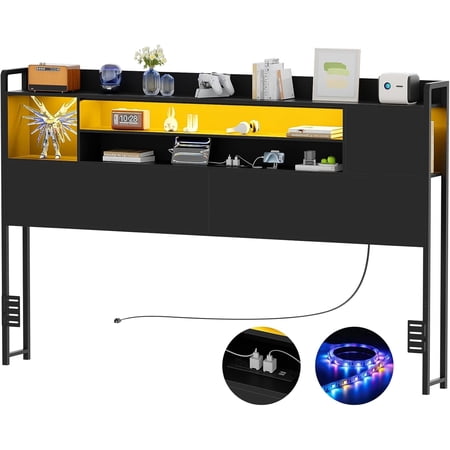 Homieasy Headboard for King Size Bed, Bookcase Style Head Board with Power Outlet and RGB LED Light, Reversible Headboard with Storage, Height Adjustable, Sturdy and Stable, Black