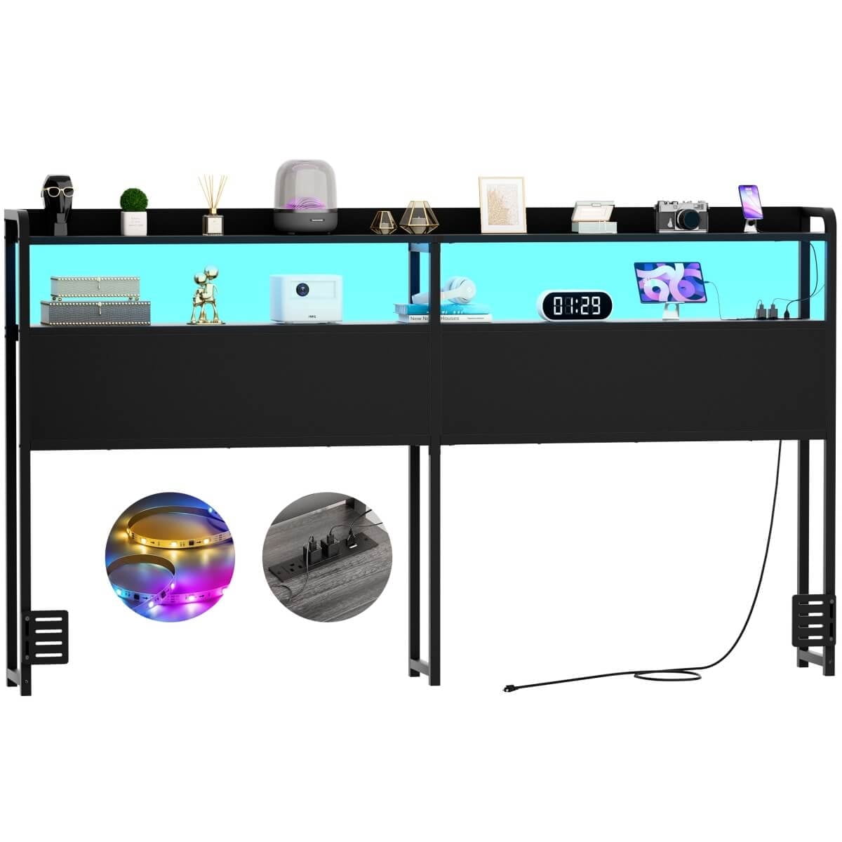 Homieasy Headboard for King Size Bed Frame, Headboards with Outlets, USB Ports and LED Light, Head Board with Storage, Height Adjustable, Sturdy and Stable Headboard, Black