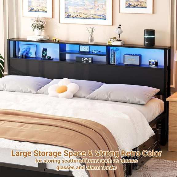 Homieasy Headboard for King Size Bed with Storage, Headboards with Outlets, USB Ports and LED Light, King Size Head Board Only, Height Adjustable, Reversible, Sturdy and Stable Headboard, Black