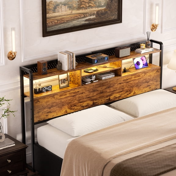 Homieasy Headboard for King Size Bed with Storage Shelf, Head board with 3 Outlets and 2 USB Ports, Headboards with RGB LED Light, Height Adjustable, Sturdy and Stable, Easy Assembly, Rustic Brown