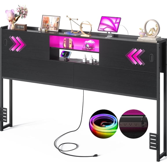 Homieasy Headboard for King Size Bed with Storage, Sturdy Bookcase Headboards with Outlet, USB & LED Light, King Size Headboard Only, Head Board with Sliding Doors & Bed Adapter for Bedroom, Black