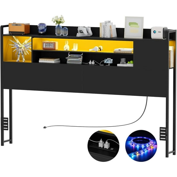 Homieasy Headboard for Queen Size Bed, Bookcase Style Head Board with Power Outlet and RGB LED Light, Reversible Headboard with Storage, Height Adjustable, Sturdy and Stable, Black