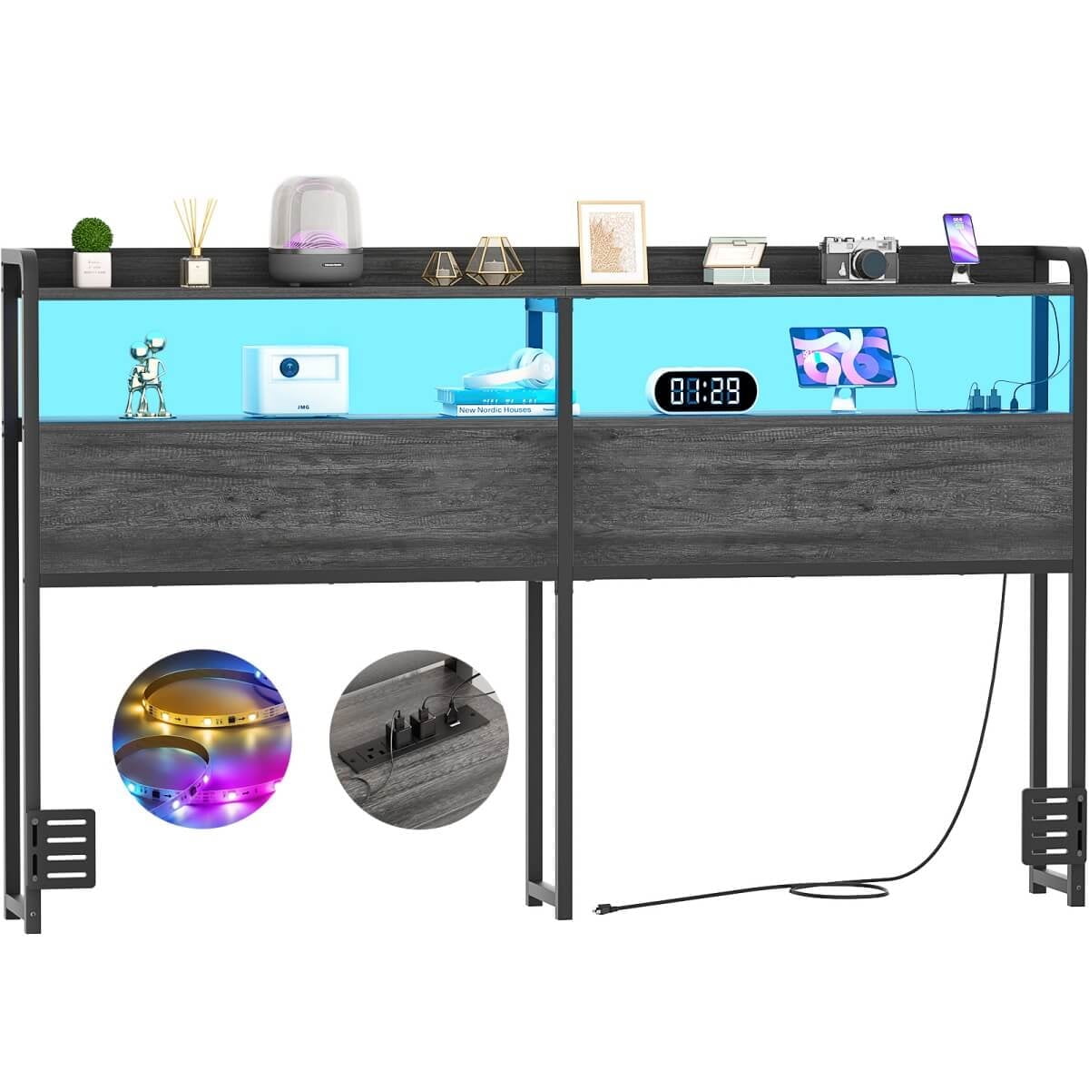 Homieasy Headboard for Queen Size Bed Frame, Headboards with Outlets, USB Ports and LED Light, Head Board with Storage, Height Adjustable, Sturdy and Stable Headboard, Black Oak