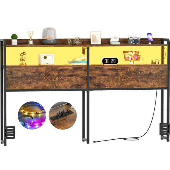 Homieasy Headboard for Queen Size Bed Frame, Headboards with Outlets, USB Ports and LED Light, Head Board with Storage, Height Adjustable, Sturdy and Stable Headboard, Rustic Brown