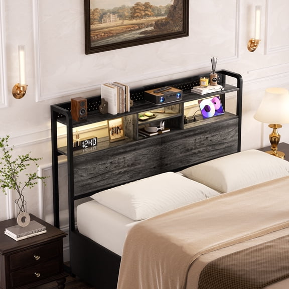 Homieasy Headboard for Queen Size Bed with Storage Shelf, Head board with 3 Outlets and 2 USB Ports, Headboards with RGB LED Light, Height Adjustable, Sturdy and Stable, Easy Assembly, Black Oak