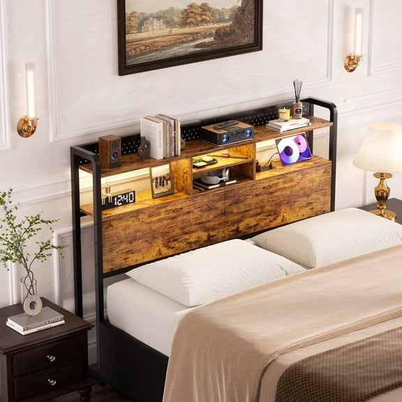 Homieasy Headboard for Queen Size Bed with Storage Shelf, Head board with 3 Outlets and 2 USB Ports, Headboards with RGB LED Light, Height Adjustable, Sturdy and Stable, Easy Assembly, Rustic Brown