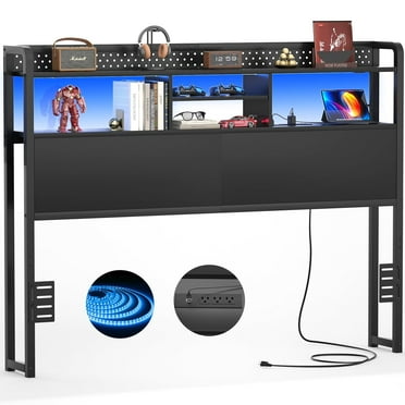 Homieasy Headboard for Queen Size Bed with Storage Shelf, Head board with 3 Outlets and 2 USB Ports, Headboards with RGB LED Light, Height Adjustable, Sturdy and Stable, Easy Assembly, Black