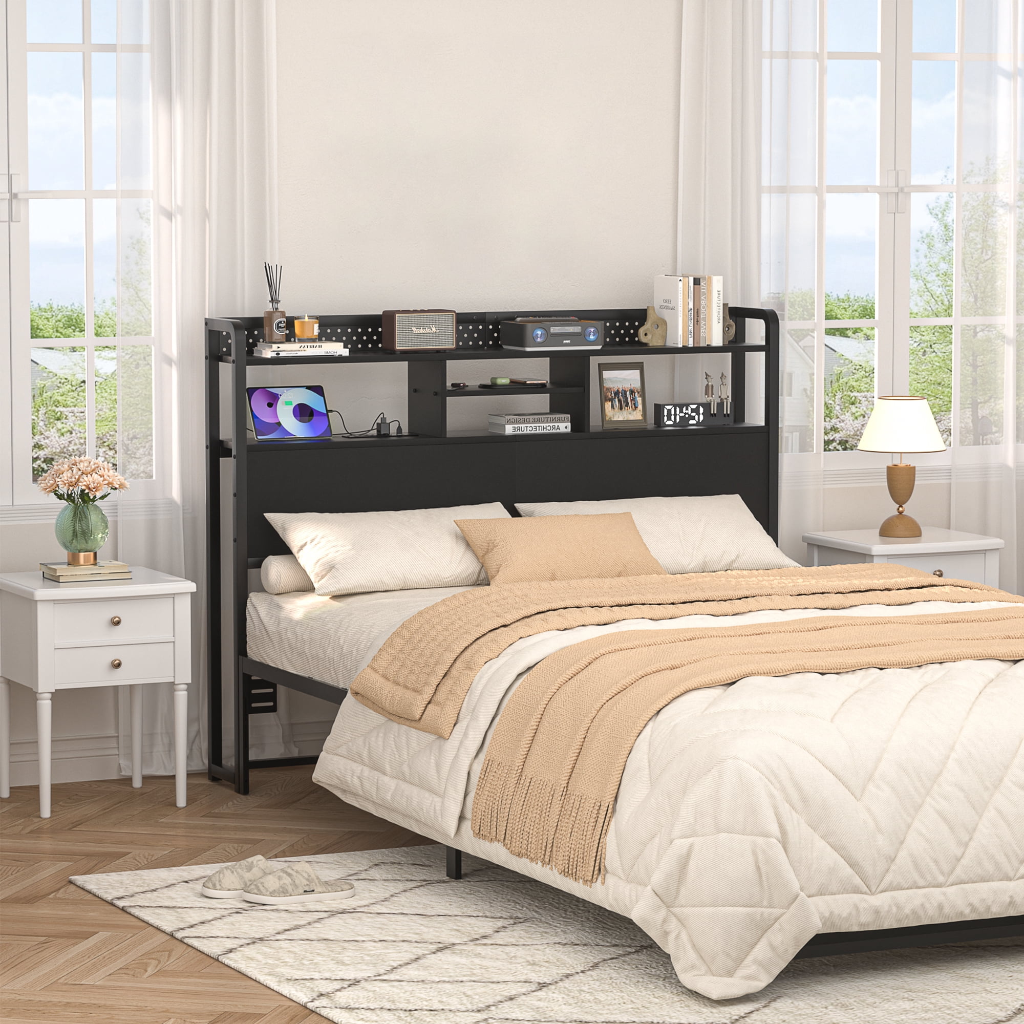 Homieasy Queen Size Headboard, Black, Storage Shelves, RGB LED, USB
