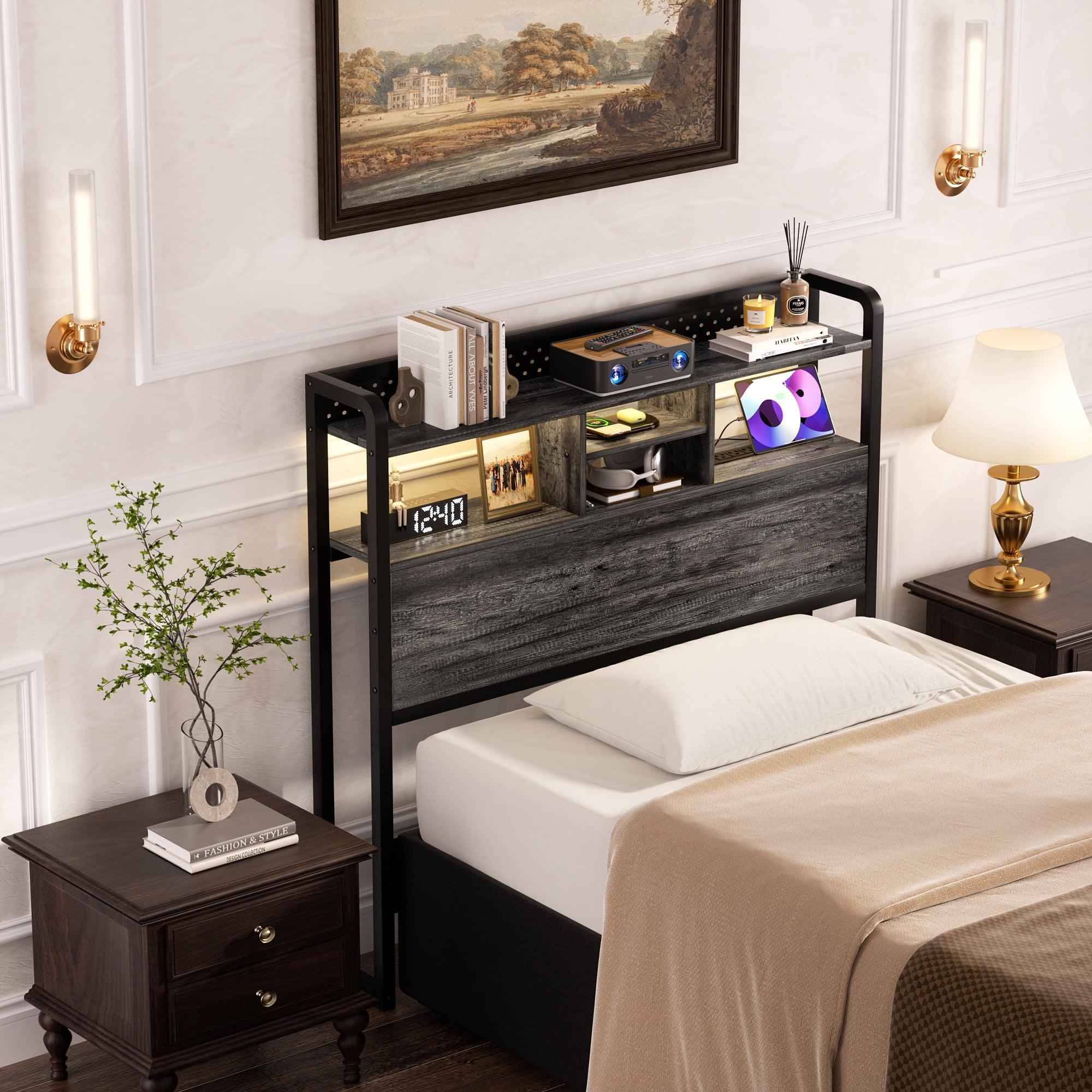 Homieasy Headboard for Twin Size Bed with Storage Shelf, Head board with 3 Outlets and 2 USB Ports, Headboards with RGB LED Light, Height Adjustable, Sturdy and Stable, Easy Assembly, Black Oak