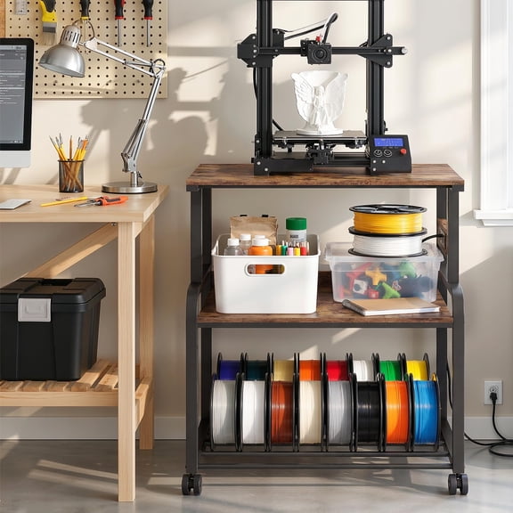 Homieasy Heavy-Duty 3D Printer Rolling Cart with Power Outlet & Filament Storage, 3-Tier Adjustable Printer Stand for Home Office,Rustic Brown