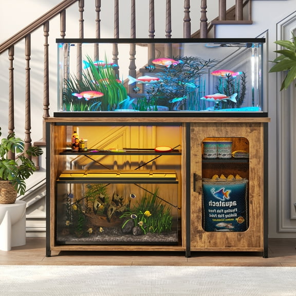 Homieasy Heavy Duty 55-75 Gallon Aquarium Stand with Power Outlets, LED Light & Storage Cabinet - Reversible Metal Fish Tank Stand, 880LBS Capacity, Rustic Brown