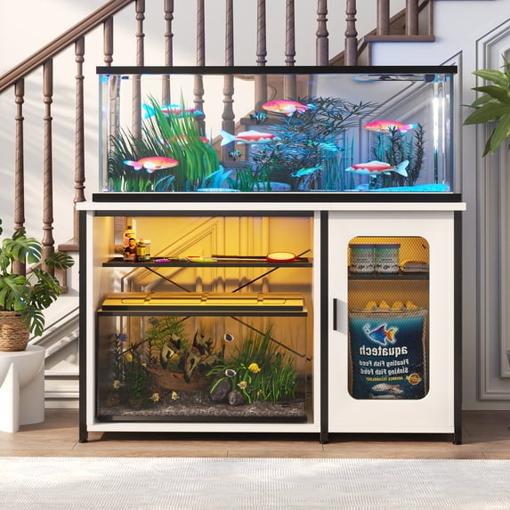 Homieasy Heavy Duty 55-75 Gallon Aquarium Stand with Power Outlets, LED Light & Storage Cabinet - Reversible Metal Fish Tank Stand, 880LBS Capacity,White