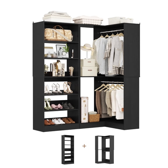Homieasy Heavy Duty Closet System Set of 2, Corner Closet Organizer with Shoe Rack Tower and 2 Hanging Rods, 1200 lbs Capacity, for Bedroom, Closet, Black