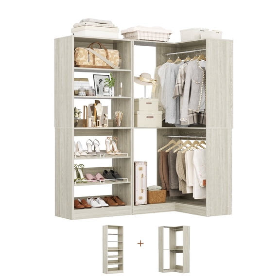 Homieasy Heavy Duty Closet System Set of 2, Corner Closet Organizer with Shoe Rack Tower and 2 Hanging Rods, 1200 lbs Capacity, for Bedroom, Closet, White Oak