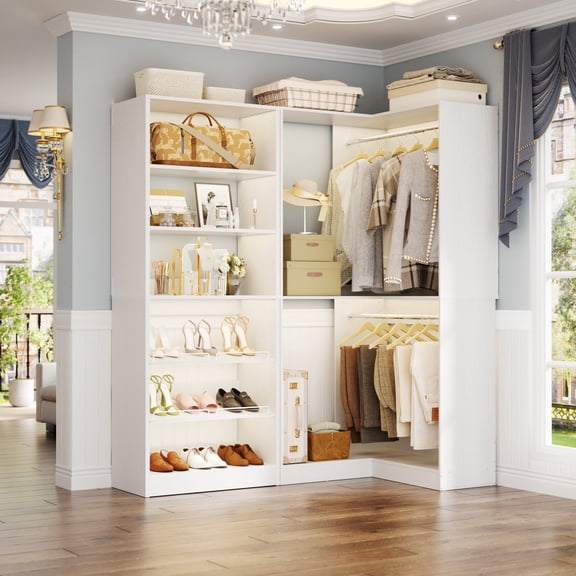 Homieasy 56.5-inch 2-in-1 Corner Closet Organizer System with Hanging Rods and Adjustable Shelves, White