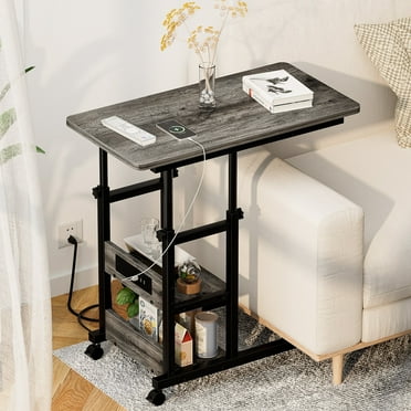 Homieasy Height Adjustable C-Shaped End Table with Power Outlet, Portable Mobile Side Table with 2-Tier Storage Shelves, for Living Room, Bedroom, Gray Oak