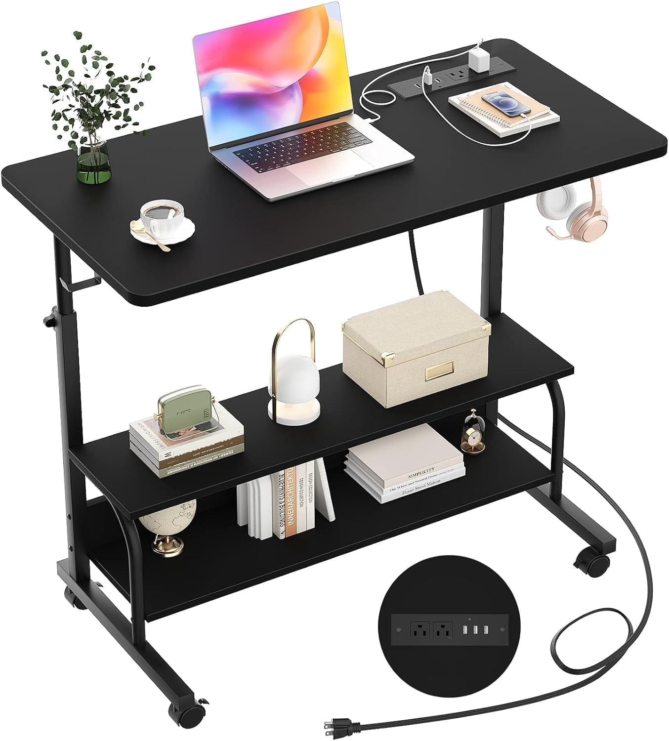 Homieasy Height Adjustable Standing Desk with Power Outlet & USB Ports, Max Height 41'', Small Mobile Computer Desk with Storage Shelves & Hooks, Portable Laptop Table for Home & Office, Black