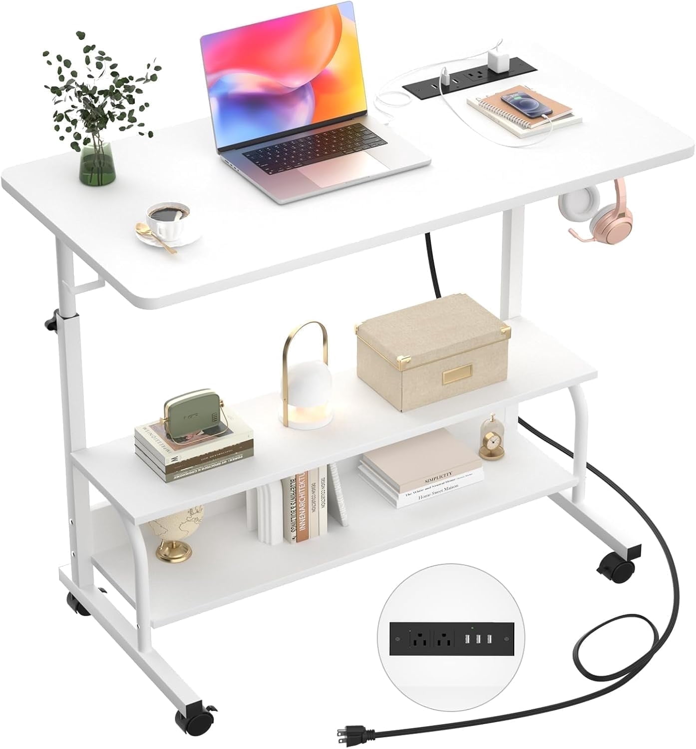Homieasy Height Adjustable Standing Desk with Power Outlet & USB Ports, Max Height 41'', Small Mobile Computer Desk with Storage Shelves & Hooks, Portable Laptop Table for Home & Office, White