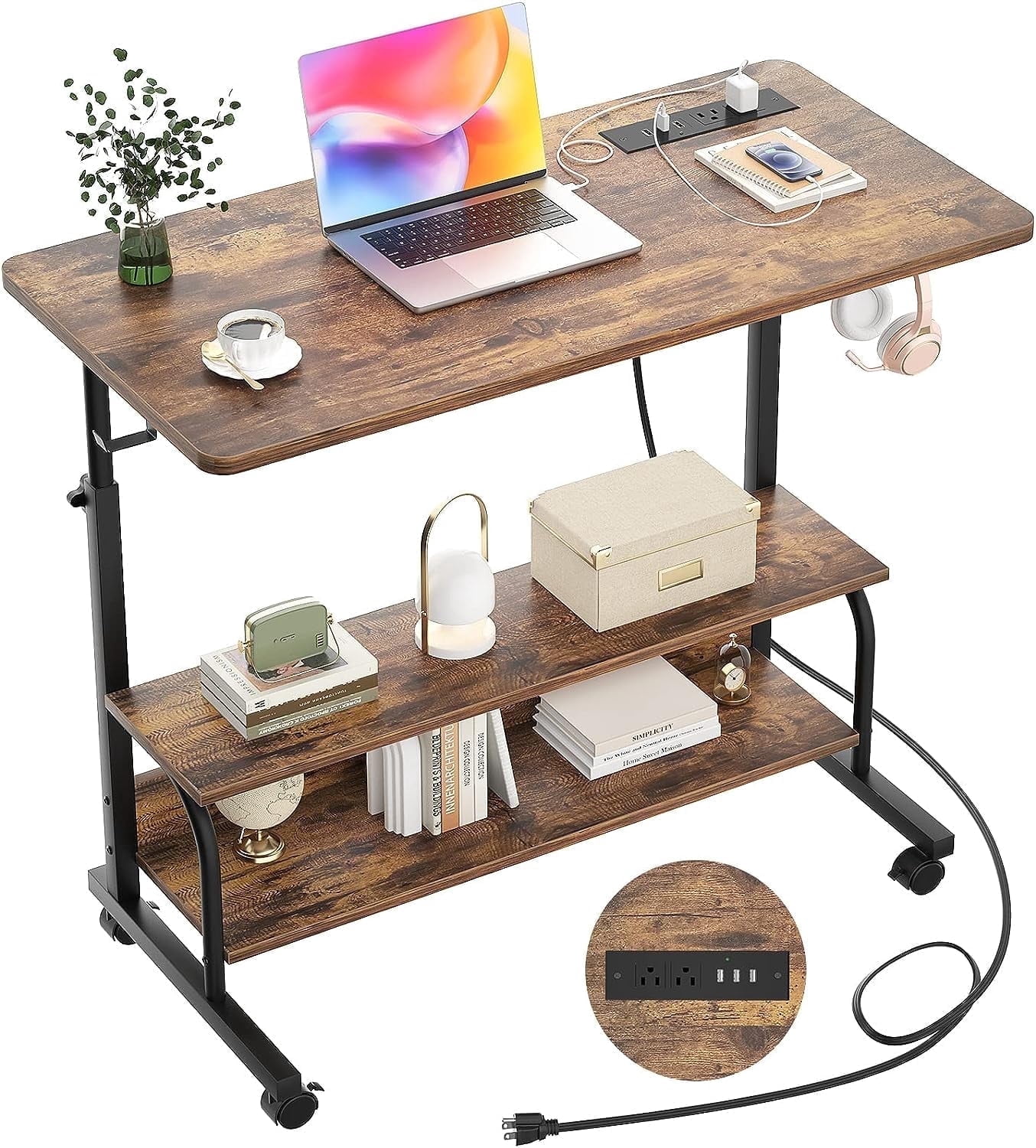Homieasy Height Adjustable Standing Desk with Power Outlet & USB Ports, Max Height 41'', Small Mobile Computer Desk with Storage Shelves & Hooks, Portable Laptop Table for Home & Office, Rustic Brown