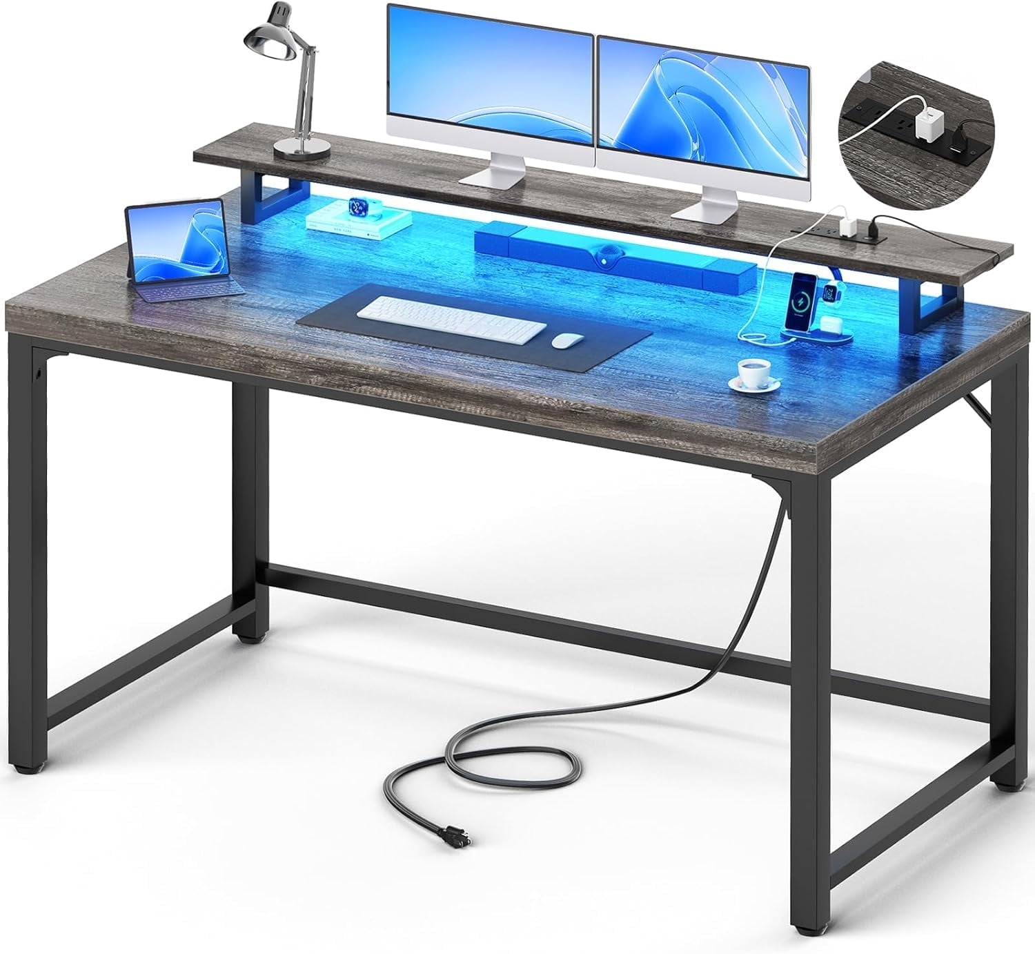 Homieasy Industrial 55 Inch Computer Desk with Socket and LED Light, Thickened Home Office Desk, Writing Study Gaming Table with Storage, Modern Wooden Executive Workstation for Student, Black Oak