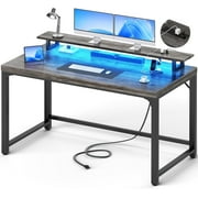 Homieasy Industrial 55 Inch Computer Desk with Socket and LED Light, Thickened Home Office Desk, Writing Study Gaming Table with Storage, Modern Wooden Executive Workstation for Student, Black Oak