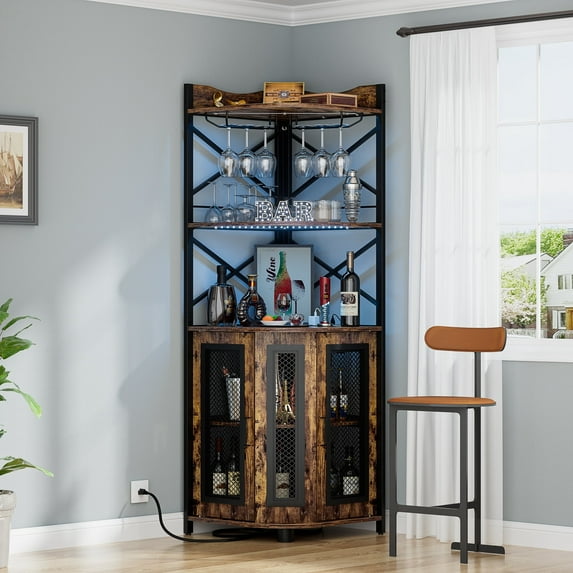 Homieasy Corner Bar Cabinet with Power Outlet, Industrial Wine Cabinet with LED Strip and Glass Holder, 5-Tiers Liquor Cabinet Bar Unit for Home, Corner Display Cabinet for Small Space, Rustic Brown