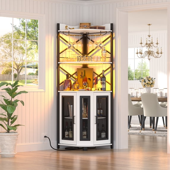 Homieasy Corner Bar Cabinet with Power Outlet, Industrial Wine Cabinet with LED Strip and Glass Holder, 5-Tiers Liquor Cabinet Bar Unit for Home, Corner Display Cabinet for Small Space, White