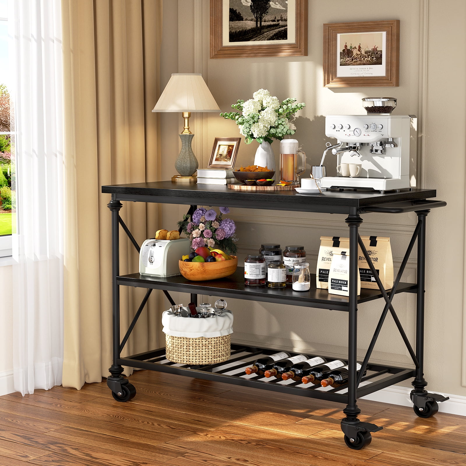 Homieasy Industrial Mobile Kitchen Island Cart with Wheels: 3-Tier Storage, Lockable Casters for Kitchen, Dining & Small Spaces,Black