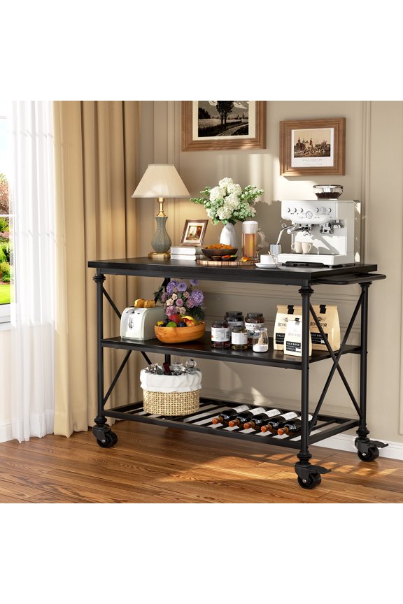 Industrial Mobile Kitchen Island Cart with Wheels: 3-Tier Storage, Lockable Casters for Kitchen, Dining & Small Spaces,Black