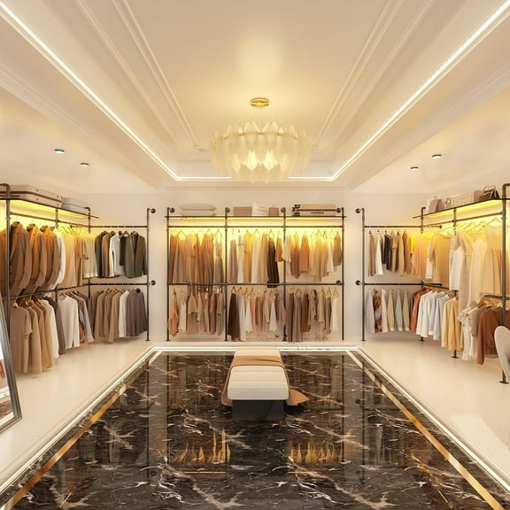 Homieasy Industrial Pipe Clothing Rack, Reversible 118.3'' Clothes Rack for Hanging Clothes, Heavy Duty Garment Rack Closet Wardrobe Rack with LED Lights& Shelves, Walk-in Closet System, Black