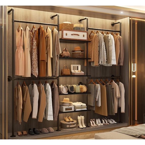 Homieasy 77‘’ Closet System, Industrial Pipe Clothing Rack, Black ...