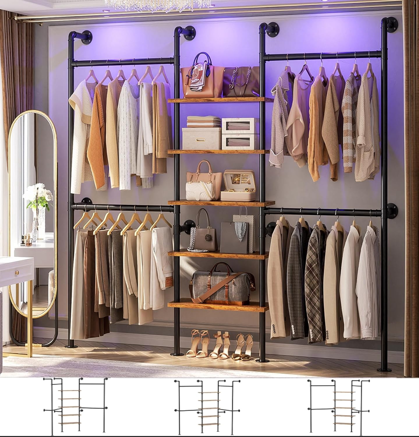 Homieasy Industrial Pipe Clothing Rack, Reversible 6.42FT Clothes Rack for Hanging Clothes, Heavy Duty 5-Tier Closet Wardrobe Garment Racks with Shelves, Corner Closet Organizer System, Rustic Brown