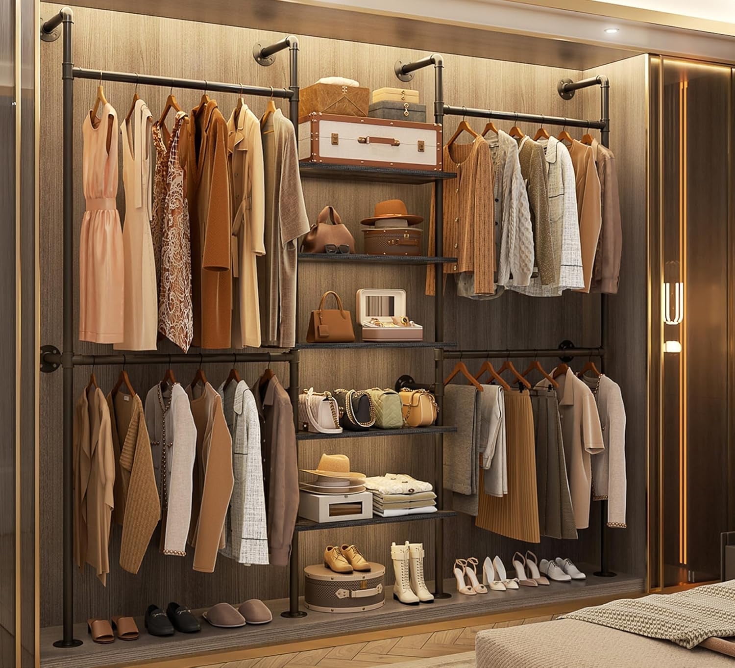 Homieasy 77‘’ Closet System, Industrial Pipe Clothing Rack, Black Oak