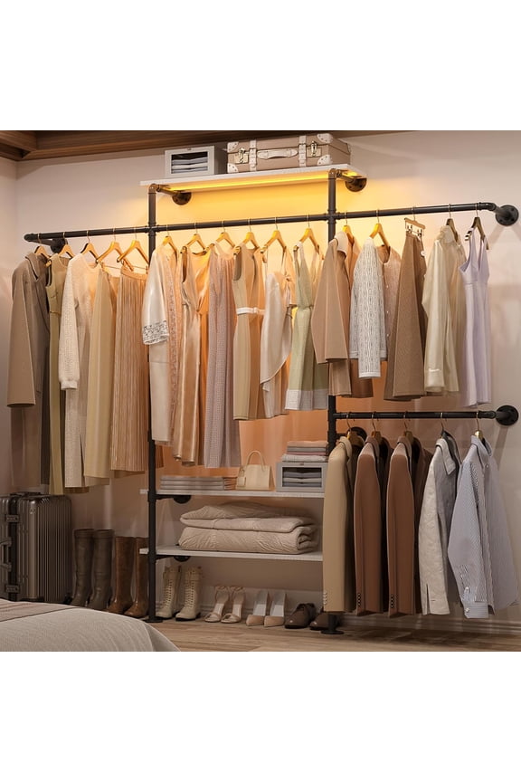 Industrial Pipe Clothing Rack, Reversible 7.25FT Wall Mounted Clothes Rack, Heavy Duty Garment Racks Closet Wardrobe with LED Lights& Shelves, Walk-in Closet System, White