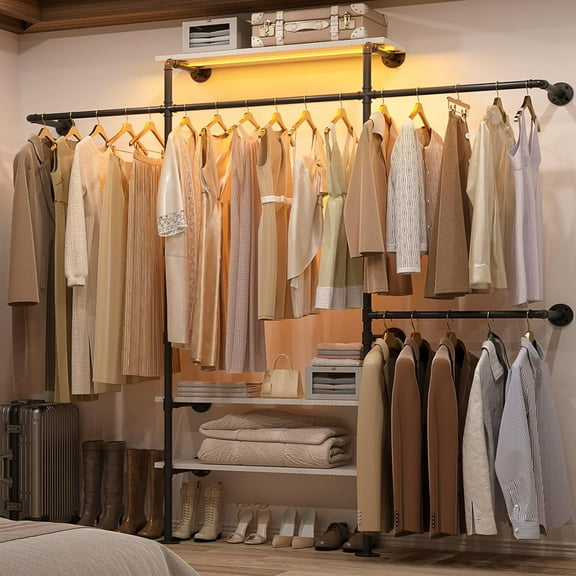Homieasy Industrial Pipe Clothing Rack, Reversible 7.25FT Wall Mounted Clothes Rack, Heavy Duty Garment Racks Closet Wardrobe with LED Lights& Shelves, Walk-in Closet System, White