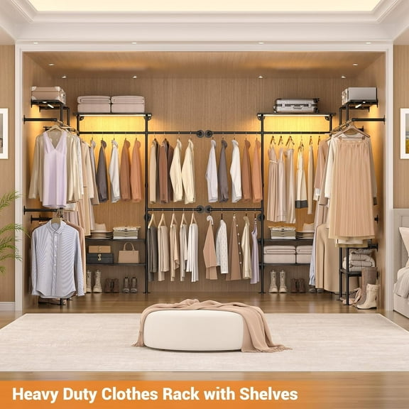 Homieasy Industrial Pipe Clothing Rack, Reversible 7.25FT Wall Mounted Clothes Rack, Heavy Duty Garment Racks Closet Wardrobe with LED Lights& Shelves, Walk-in Closet System, Black Oak