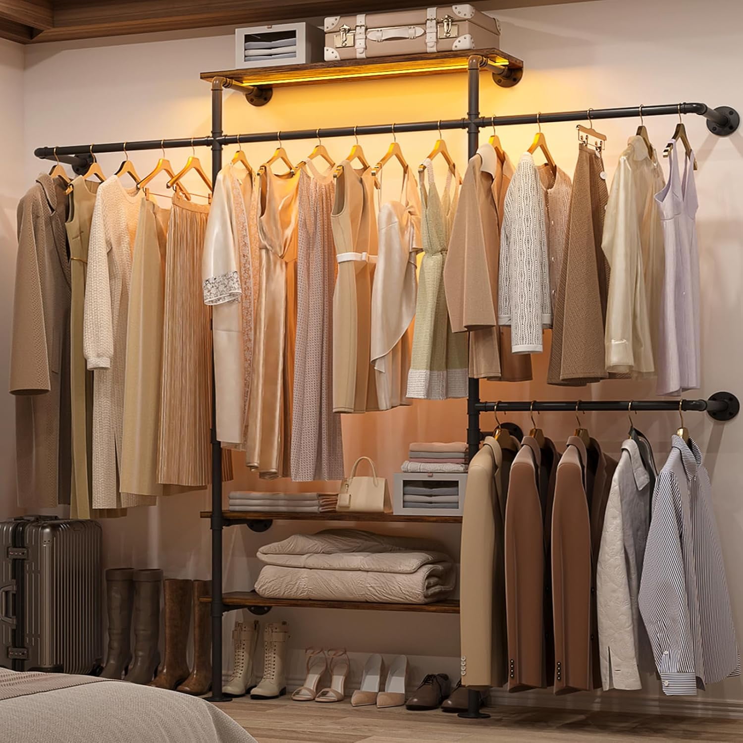 Homieasy Industrial Pipe Clothing Rack, Reversible 7.25FT Wall Mounted Clothes Rack, Heavy Duty Garment Racks Closet Wardrobe with LED Lights& Shelves, Walk-in Closet System, Rustic Brown