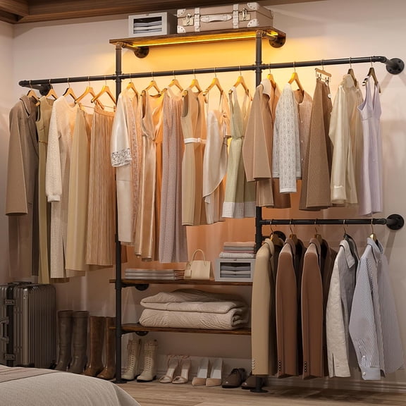Homieasy Industrial Pipe Clothing Rack, Reversible 7.25FT Wall Mounted Clothes Rack, Heavy Duty Garment Racks Closet Wardrobe with LED Lights& Shelves, Walk-in Closet System, Rustic Brown