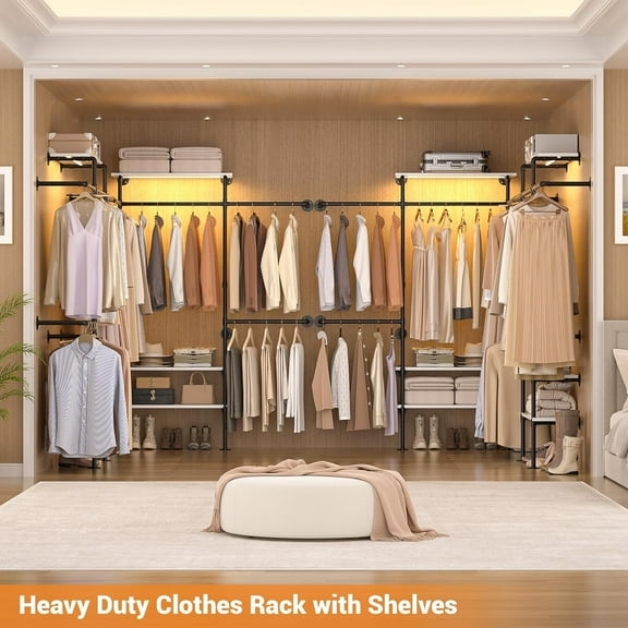Homieasy Industrial Pipe Clothing Rack, Reversible 7.25FT Wall Mounted Clothes Rack, Heavy Duty Garment Racks Closet Wardrobe with LED Lights& Shelves, Walk-in Closet System, White