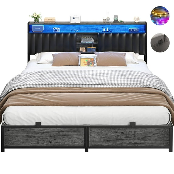 Homieasy King Bed Frame with Charging Station & Led Lights, Platform Bed with Leather Upholstered Headboard and Storage, Metal Slats Support, No Box Spring Needed, Noise-Free, Black Oak
