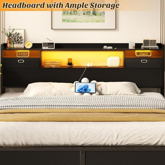 Homieasy King Headboard with Drawer Storage and LED Light, Wood Headboard for King Size Bed with Power Outlet and Bookcase, Sturdy Head Board for Bedroom, Dorm Room, Guest Room, Black